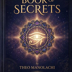 Puede incluir: Una portada de libro azul oscuro titulada THE BOOK OF SECRETS por THEO MANOLACHI, A Guide to Inner Wisdom & Spiritual Self-Development. El centro presenta un símbolo dorado del Ojo de Horus rodeado por un patrón de mandala geométrico.