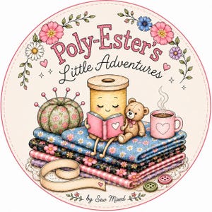 May include: A circular illustration titled Poly-Ester's Little Adventures by Sew Mixed featuring a spool character reading a pink book, a teddy bear, a floral pincushion, a steaming pink mug, and a stack of patterned fabrics with a ribbon.