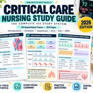 Guía de estudio de enfermería de cuidados intensivos en PDF / 193 páginas / 24 temas de UCI / Repaso para el examen CCRN, ventiladores, ECG, ACLS, sepsis / Edición 2026