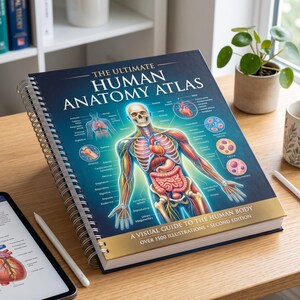 Peut inclure: Un livre à reliure spirale intitulé The Ultimate Human Anatomy Atlas, présentant une illustration centrale du système squelettique et des organes humains avec diverses étiquettes, une bande dorée et le texte A Visual Guide to the Human Body.