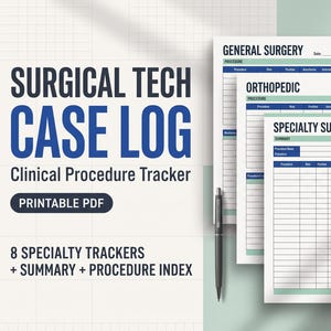 May include: A surgical tech case log clinical procedure tracker printable PDF with 8 specialty trackers, summary, and procedure index. The document features headers for General Surgery, Orthopaedic, and Specialty Summary with blue and green accents.