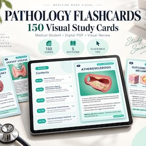 May include: Pathology flashcards featuring 150 visual study cards displayed on a tablet screen and printed cards. The digital interface shows a table of contents for medical topics like atherosclerosis, while physical cards detail kidney disease.