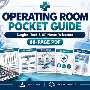 Puede incluir: Guía de bolsillo para quirófano, PDF de 68 páginas para técnicos quirúrgicos y enfermeros. La guía incluye secciones sobre instrumentos, posicionamiento, configuración de sala, seguridad y procedimientos con ilustraciones e iconos.
