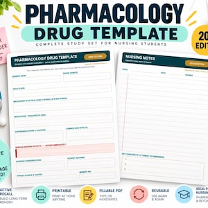 Könnte beinhalten: Ein Pharmacology Drug Template und Nursing Notes Lernset für 2026. Die Seiten enthalten Felder für generische Namen, Wirkstoffklasse, Wirkmechanismus, Indikationen, Nebenwirkungen und wichtige Erkenntnisse. Das Design bietet strukturierte Zeilen.