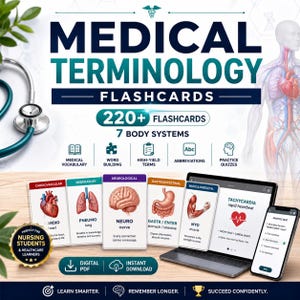 May include: Medical terminology flashcards set featuring 220+ cards covering 7 body systems. Includes digital PDF access, practice quizzes, and vocabulary cards displayed on a laptop and smartphone screen with anatomical illustrations.