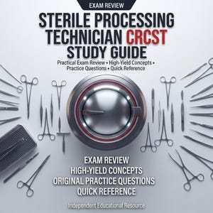 May include: A study guide titled Sterile Processing Technician CRCST Study Guide with text including Practical Exam Review, High-Yield Concepts, Practice Questions, and Quick Reference. The cover features a central metallic dial and surgical tools.