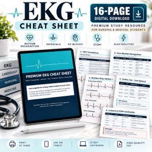 Può includere: Un foglio di riferimento digitale EKG di 16 pagine per studenti di infermieristica e medicina, visualizzato su un tablet accanto a pagine stampate che mostrano tracciati ritmici, metodi dell'asse cardiaco e localizzazione STEMI, con stetoscopio.