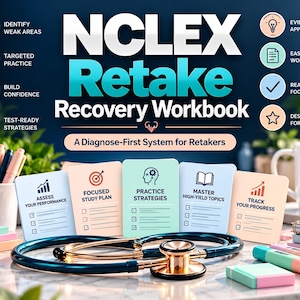 May include: The NCLEX Retake Recovery Workbook features a title in bold white and blue text. Five cards display icons and labels: Assess Your Performance, Focused Study Plan, Practice Strategies, Master High-Yield Topics, and Track Your Progress.