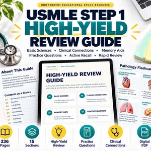 Könnte beinhalten: Ein USMLE Step 1 High-Yield Review Guide mit einem digitalen Tablet, das Lerninhalte anzeigt, einem Stethoskop, Pathologie-Lernkarten mit anatomischen Illustrationen und einem Notizbuch mit handschriftlichen medizinischen Notizen.
