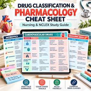 May include: A Drug Classification & Pharmacology Cheat Sheet study guide displayed on a tablet screen, featuring tables for cardiovascular, antibiotic, and endocrine drugs with medical icons, alongside sticky notes and a white pen.