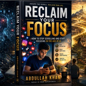 May include: A hardcover book titled Reclaim Your Focus by Abdullah Khan. The cover features a man looking at a smartphone surrounded by social media icons, with a mountain path scene on the right and text detailing how to stop scrolling.