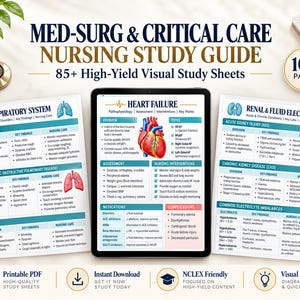 May include: A Med-Surg & Critical Care nursing study guide featuring 102 pages of high-yield visual study sheets. The set includes printed sheets on the respiratory system, heart failure, and renal and fluid electrolytes with diagrams.