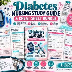 Può includere: Un pacchetto di guide allo studio e fogli di ripasso per l'assistenza al diabete con pagine educative stampate, un glucometro, flaconi di insulina e uno stetoscopio. Il testo include Diabetes Nursing Study Guide & Cheat Sheet Bundle.