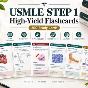 USMLE Step 1 Flashcards | High-Yield Medical Study Cards | Basic Science Review | 200-Card PDF