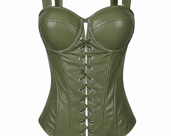Top corsé de piel sintética verde oliva para mujer, corsé tipo bustier con cordones.