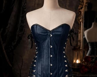 Navy Blue Leather Corset, Gothic Overbust Corset, Lace Up Bustier, Waist Trainer, Renaissance Corset Top