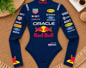 Body de carreras azul inspirado en Max Verstappen, camiseta térmica de competición, body de alto rendimiento estilo F1.