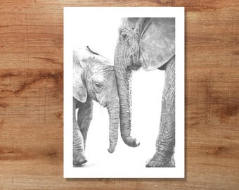 Mother & Baby Elephant Art Print, Elephant Pencil Drawing, Gift for Mum
