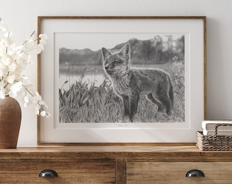 Fox Limited Edition Art Print, Country Art Print, British Art, Fox Home Decor, Wildlife Animal Art, Black and White Animal Art, Giclee Print
