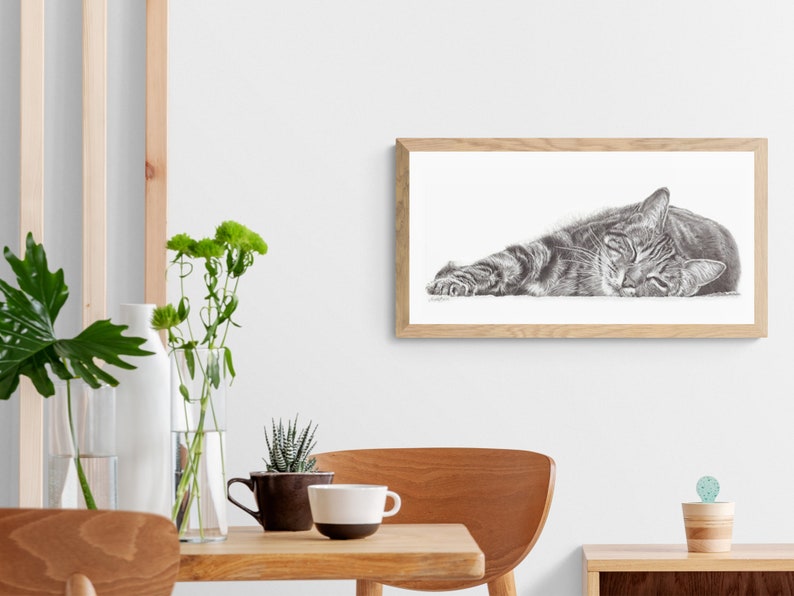 framed tabby cat pencil drawing wall art print