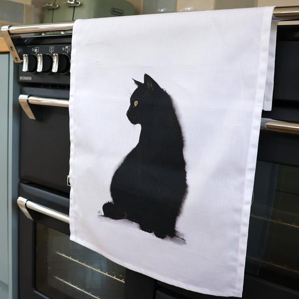 Black Cat Tea Towel, Black Cat Decor, Minimalist Cat Illustration, Cat Lovers Kitchen Towel, Modern Farmhouse Decor, 100% Cotton
