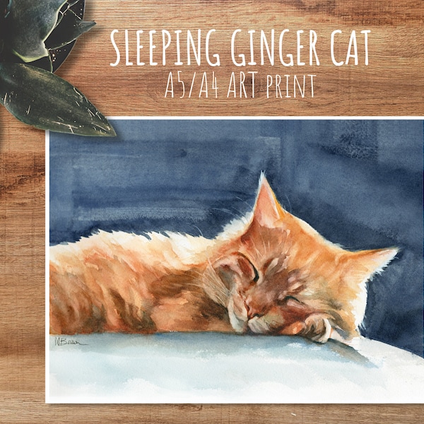 Sleeping Ginger Cat Art Print, Cat Watercolour Cat Painting, Gift for Cat Lover
