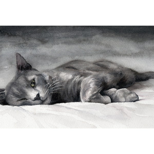 Grey Russian Cat Print, Watercolour Cat Painting, Sleeping Cat, Sleeping Cat, Cat Lovers Gift, Cat Fine Art