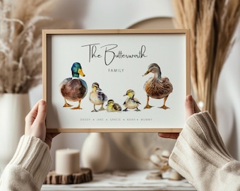 Personalised Duck Family Print, Custom Family Names Wall Art, Family Gift for Parents, Mum and Dad, Grandparents