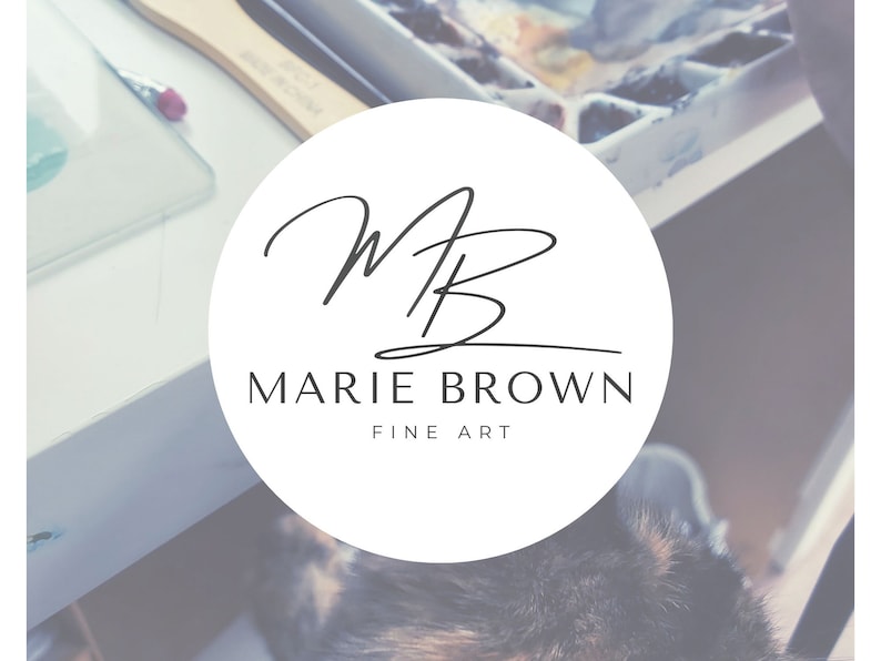 May include: A white circle with a black handwritten signature that says "MB" and the text "MARIE BROWN FINE ART" in black.