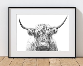 Highland Cow Black and White Art Print, Highland Cow Graphite Pencil Drawing, Countryside Wall Art