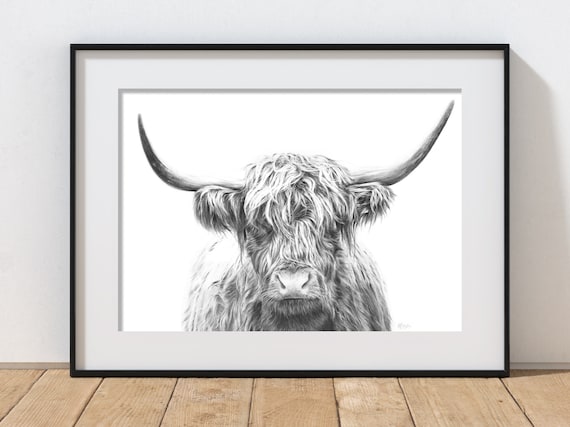Highland Cow Black and White Wall Art Print, Highland Cow Drawing, Countryside Art, Modern Animal Art.