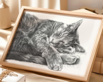 以下が含まれることがあります： 明るい木製フレームに入った、眠っている灰色の猫の鉛筆画。 猫は丸まっており、足を折りたたみ、目を閉じています。 アートワークはベージュの表面に置かれています。