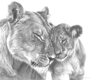 Lion Mother Cub Pencil Drawing Art Print, Wildlife Lover Fine Art, Gift for Mum