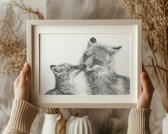 Pencil Drawing Mum and Baby Fox Kiss Print, A4 Animal Art, Wildlife Lover Gift