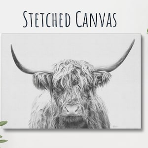 May include: Black and white illustration of a Highland cow with long, shaggy hair and large horns. The cow is looking directly at the viewer. The background is a light gray.