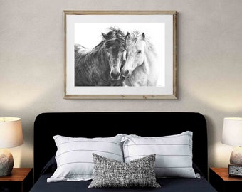 Black and White Horse Wall Art, Horse Art Print, Equine Art, Horses in Love, Modern Black & White Print, Horse Lover Gift