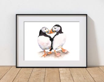 Puffin Love Watercolour Print, Fine Art Print, Puffins Kissing