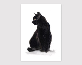May include: A watercolor painting of a black cat sitting and looking to the left. The cat has yellow eyes and is painted in a realistic style.