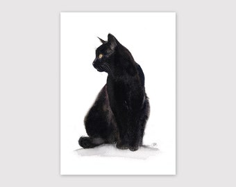 Black Cat Watercolour Painting Art Print , Cat Lovers Gift, Cat Fine Art, Black Cat Gifts