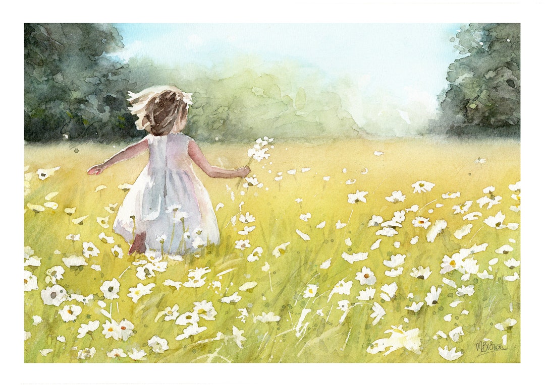 Girl in a Field of Daisies Watercolour Art Print, Flower Field, Spring