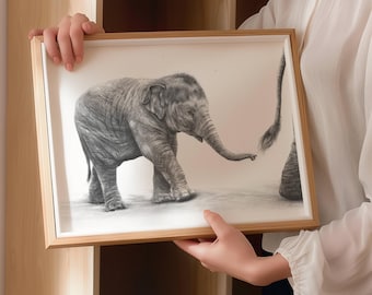 Baby Elephant Pencil Drawing Fine Art Print | Animal Nursery Artwork