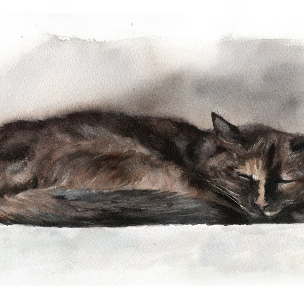 Tortoiseshell Cat Watercolour Painting Art Print , Sleeping Cat Painting, Personalized Cat Print, Personalized Pet Gift, Cat Fine Art