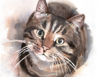 May include: Watercolor painting of a tabby cat with brown and gray stripes, green eyes, and long white whiskers. The cat is looking up, with a soft, blurred background. Signed "Marie Brown" in the bottom right corner.