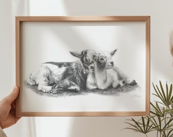 Pencil Drawing Goat Print | Farmyard Animal Art | Best friend gift