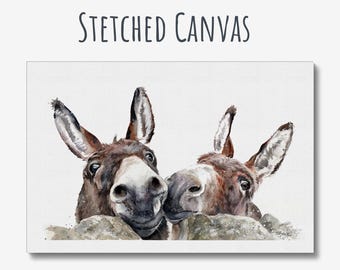 Pair of Donkeys Watercolour Giclee Canvas Print, Donkey Wall Art