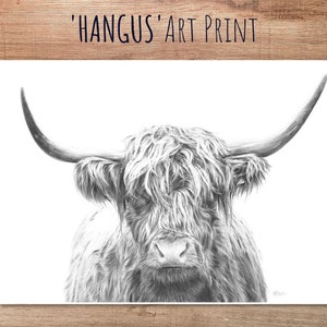 May include: Black and white pencil drawing of a Highland cow with long, shaggy hair and large horns. The cow is looking directly at the viewer. The drawing is titled "Hangus' Art Print".