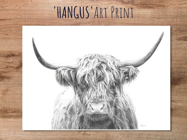 May include: Black and white pencil drawing of a Highland cow with long, shaggy hair and large horns. The cow is looking directly at the viewer. The drawing is titled "Hangus' Art Print".