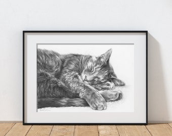 Tabby Cat Pencil Drawing Fine Art Art Print, Perfect Gift for Cat Lovers, Cat Art, A4 Print, Tabby Cat Gift.