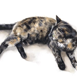 May include: A watercolor painting of a tortoiseshell cat lying on its side with its head turned to look at something off-screen. The cat has green eyes and white markings on its chest and face.