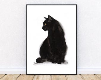 Black Cat Watercolour Art Print, Black Cat Painting, Cat Lovers Gift